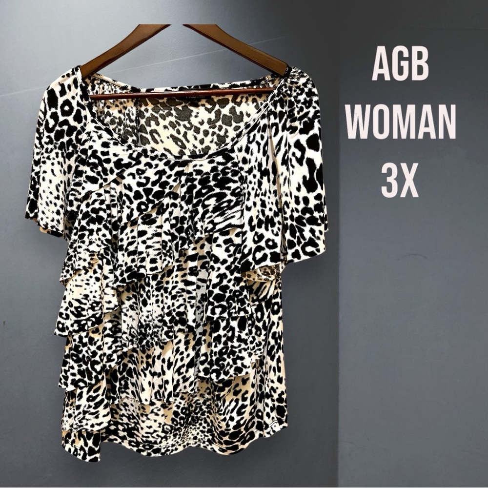 AGB Woman Plus-Size Leopard Ruffle Blouse - Black & Cream, 3X